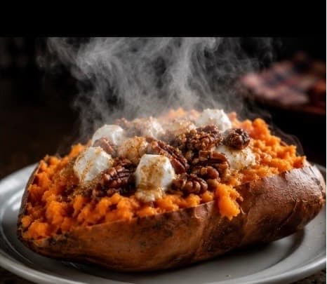 Fresh baked sweet potato with toasted pecans and marshmallow, still steaming