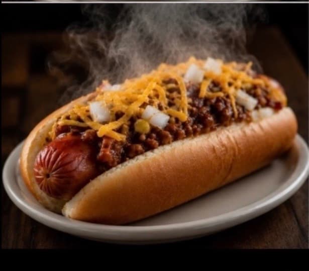Steaming hot dawg topped with chili, shredded cheddar, and diced onion