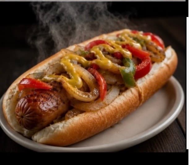 Sausage dawg with grilled peppers, onions, and mustard on a toasted bun