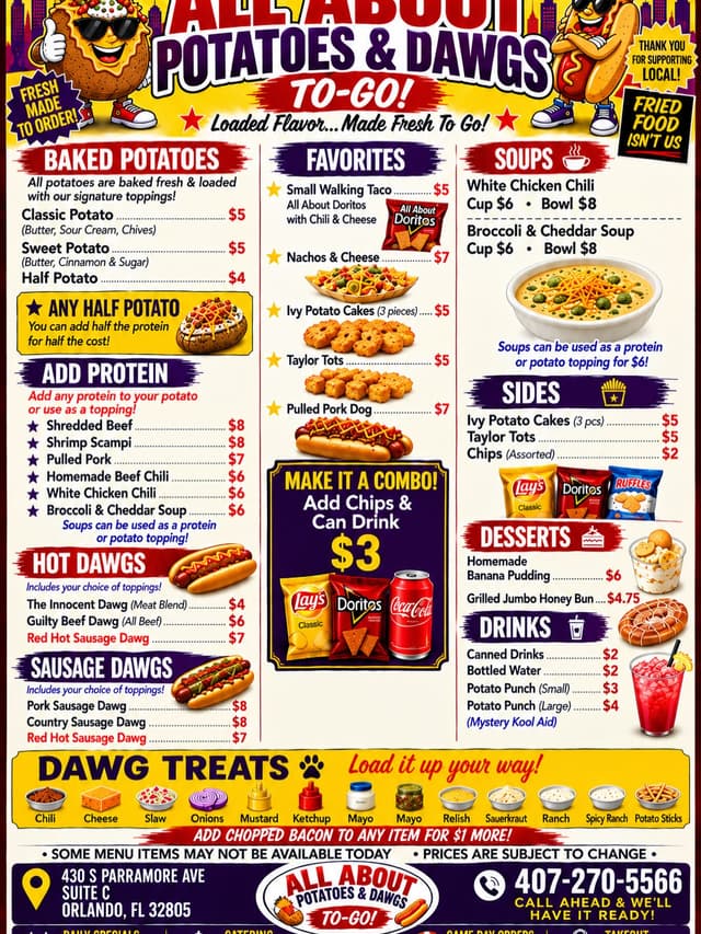 Printed All About Potatoes & Dawgs menu board