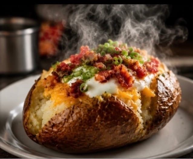 Fresh baked potato loaded with cheese, sour cream, bacon, and green onion, still steaming